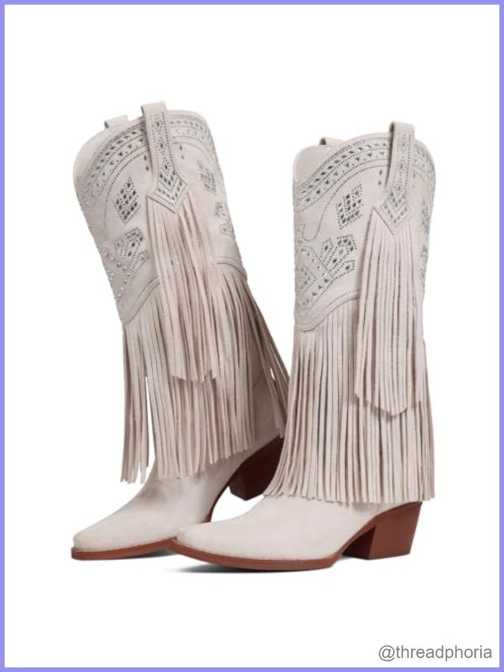 Wide Calf Cowgirl Knee High Fringe Boots for Women Pointed Toe Block Heel